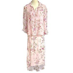 Vintage KS Petite Collection Cottage Floral Maxi Dress Sheer Blouse Top 90's 14P